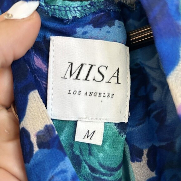 MISA Los Angeles Rania Chiffon Smock Neck Asymmetrical Midi Dress Blue Floral M - Picture 12 of 12